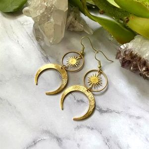 Witchy Recycled Gold Metal Celestial Hoop Crescent Chandelier Earrings